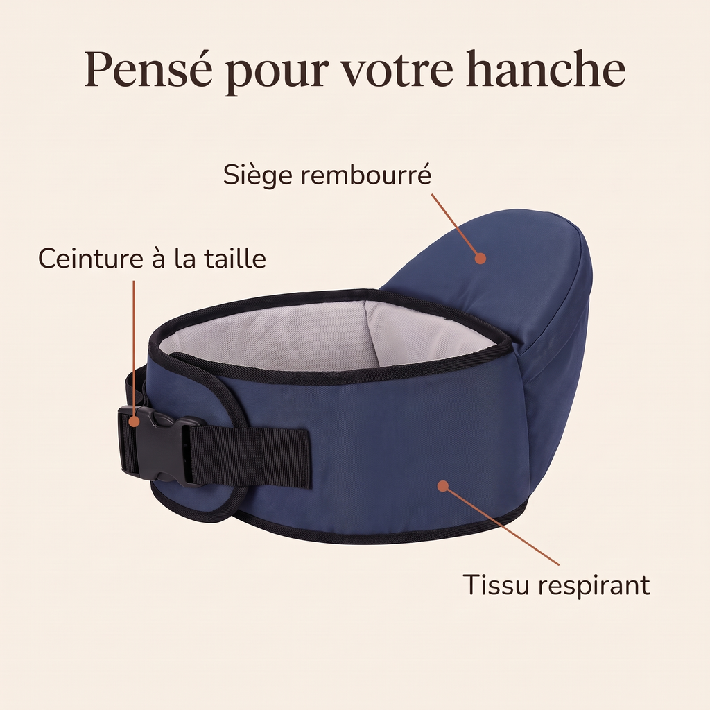 Porte-bébé annoté : siège rembourré, ceinture à la taille, tissu respirant
