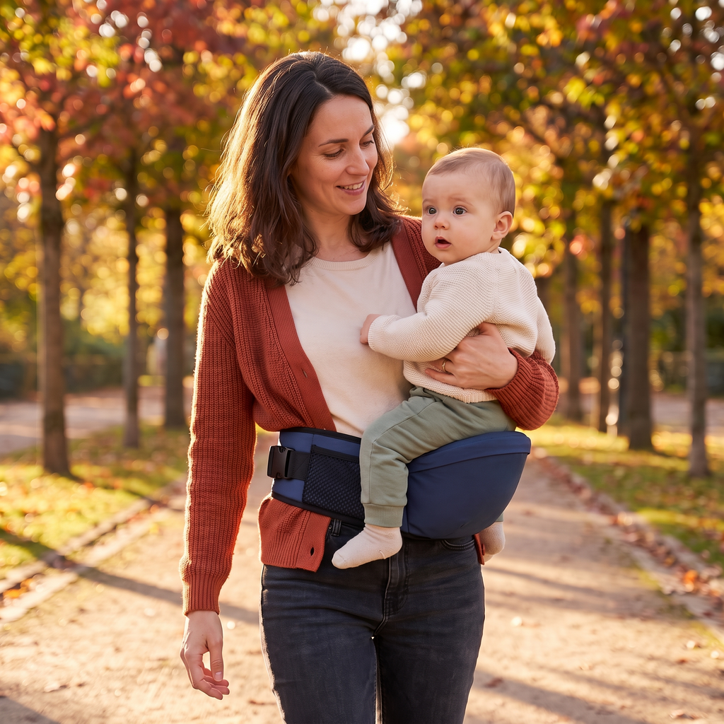 Maman en balade au parc avec son bébé calme assis sur le porte-bébé de hanche
