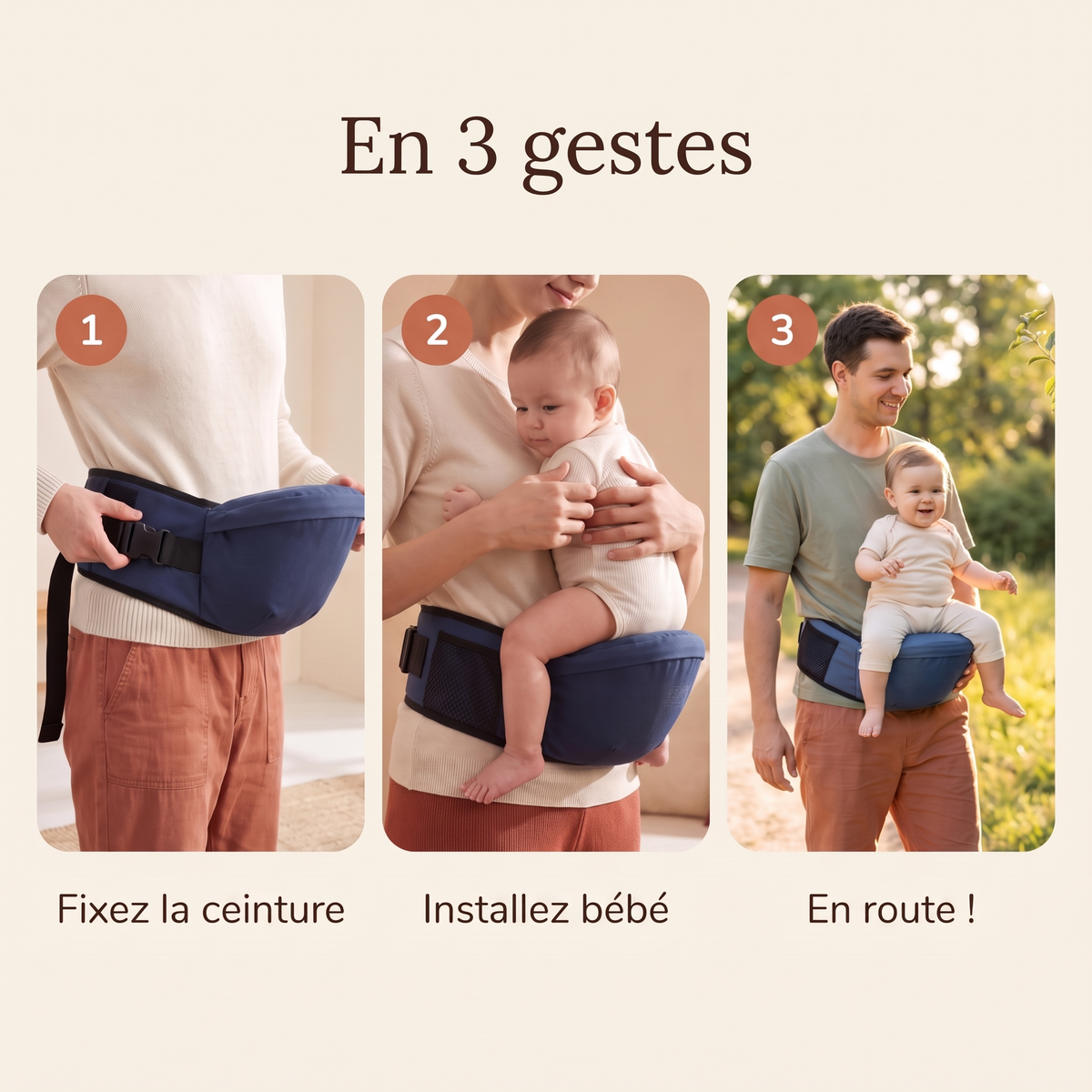 En 3 gestes : fixez la ceinture, installez bébé, en route