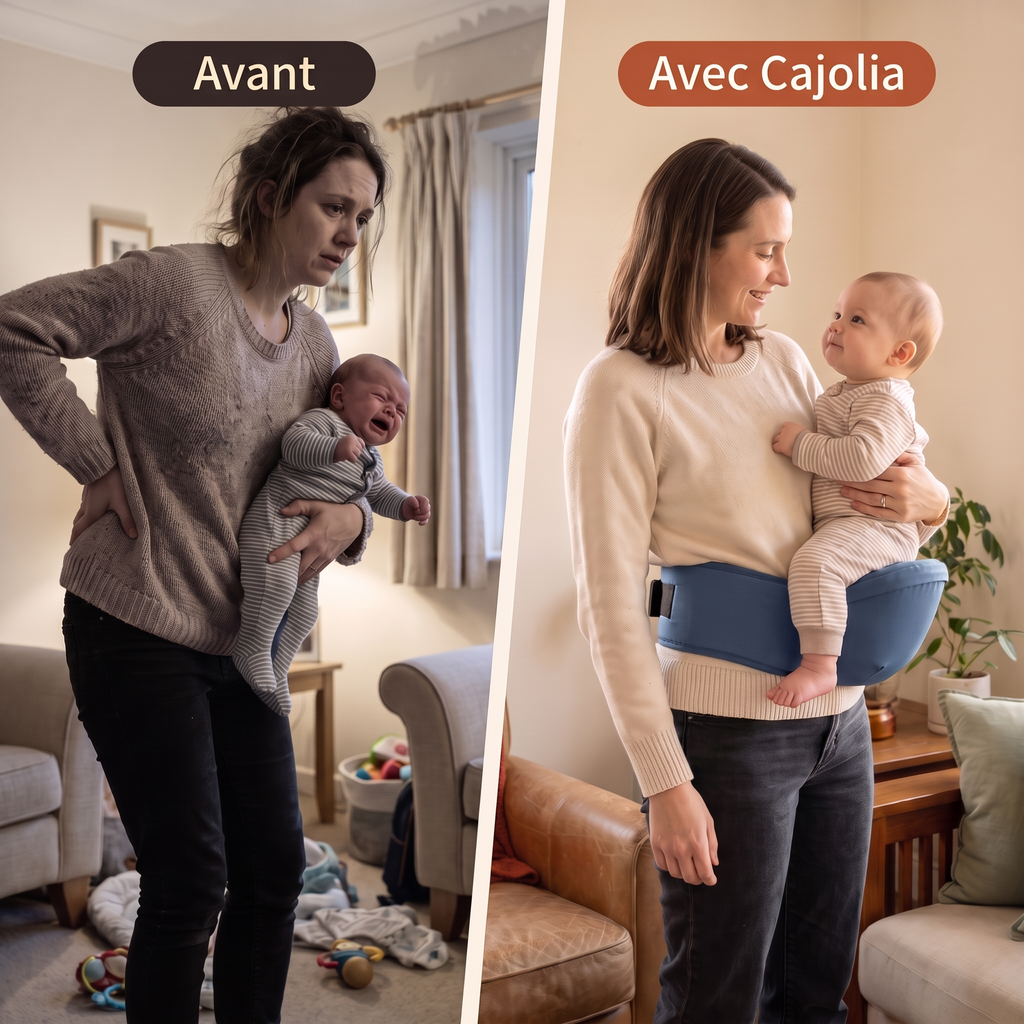 Avant : maman fatiguée, bébé en pleurs. Avec Cajolia : maman détendue, bébé calme sur la hanche